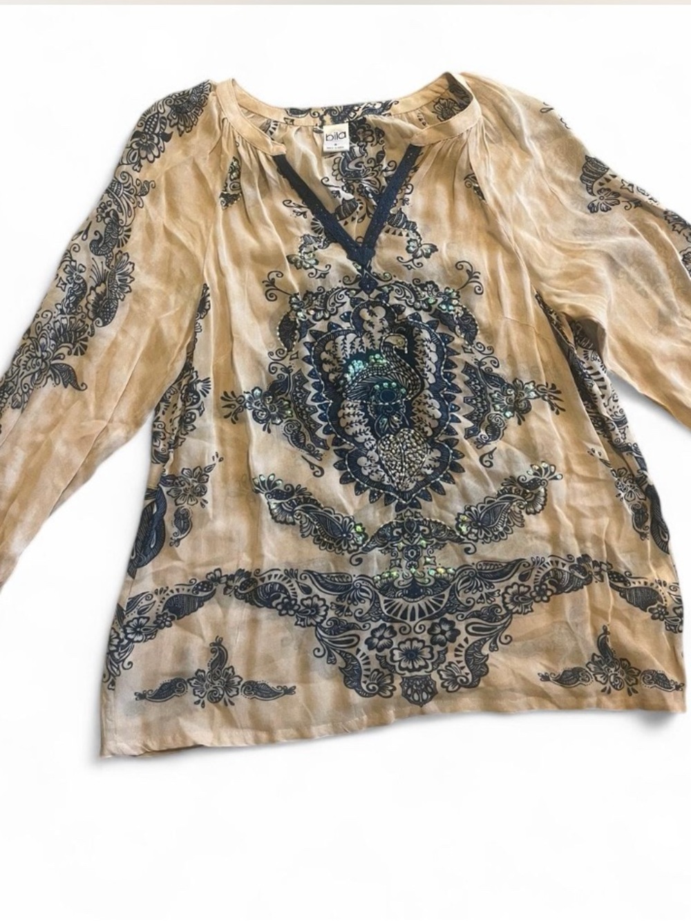Bila‎ Beige Tunic Top with Navy Paisley Embroidery boho Indie